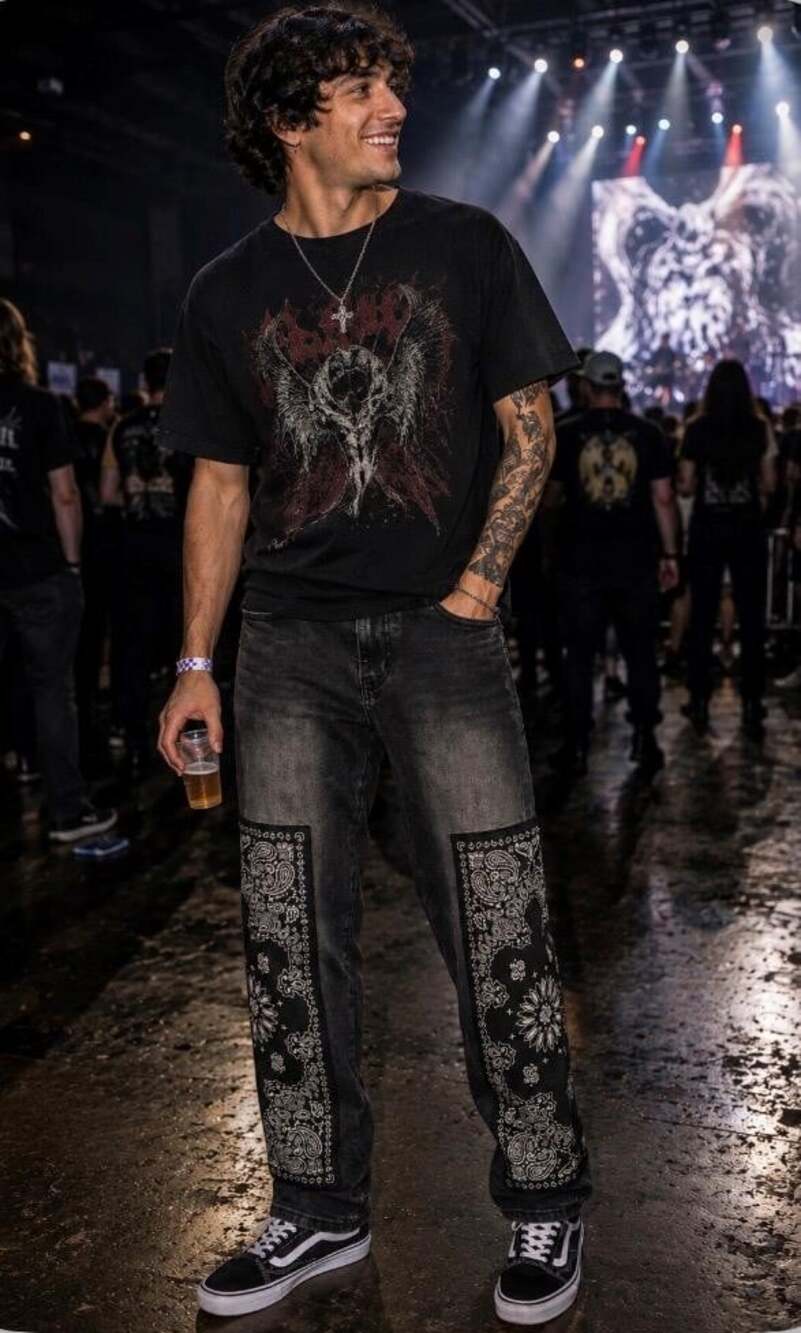Rebel Vengeance Jeans Mens 28 Black Wash Bandana Print Straight Skate Goth Y2K
